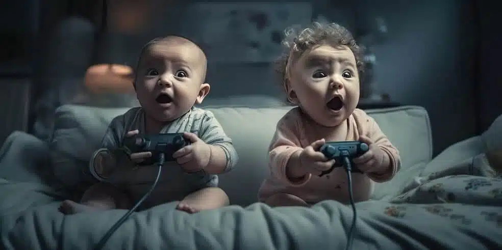 dois bebês segurando controle de videogame e sorrindo bastante. vamos saber mais sobre videogame para crianças?