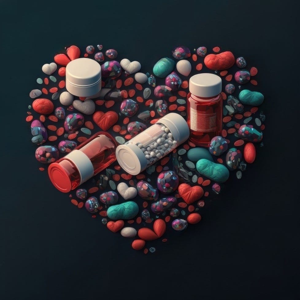 Comprimidos dispostos formando uma imagem de coração, simbolizando medicamentos para a saúde do coração