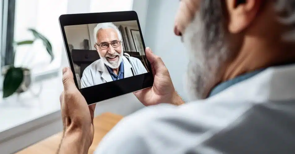 Imagem profissional, gerada por IA, mostrando um médico em uma tela, simbolizando a teleconsulta