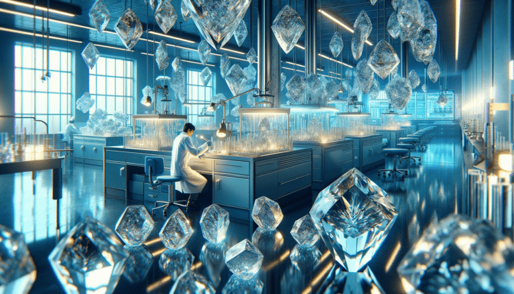 A imagem mostra uma cena realista e ampla de um laboratório com cristais brilhantes de magnésio. O cientista de descendência asiática está trabalhando meticulosamente com os cristais. O laboratório tem um design moderno e sofisticado, com paredes cinzentas e detalhes em azul Tiffany e toques de ouro. Os equipamentos de alta tecnologia complementam a cena, enquanto a luz reflete nos cristais, criando um efeito visual deslumbrante