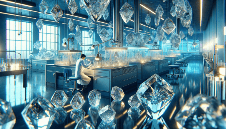 10 benefícios do magnésio para melhorar sua saúde 9 A imagem mostra uma cena realista e ampla de um laboratório com cristais brilhantes de magnésio. O cientista de descendência asiática está trabalhando meticulosamente com os cristais. O laboratório tem um design moderno e sofisticado, com paredes cinzentas e detalhes em azul Tiffany e toques de ouro. Os equipamentos de alta tecnologia complementam a cena, enquanto a luz reflete nos cristais, criando um efeito visual deslumbrante