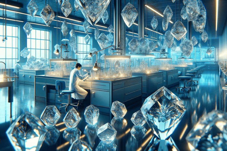 A imagem mostra uma cena realista e ampla de um laboratório com cristais brilhantes de magnésio. O cientista de descendência asiática está trabalhando meticulosamente com os cristais. O laboratório tem um design moderno e sofisticado, com paredes cinzentas e detalhes em azul Tiffany e toques de ouro. Os equipamentos de alta tecnologia complementam a cena, enquanto a luz reflete nos cristais, criando um efeito visual deslumbrante