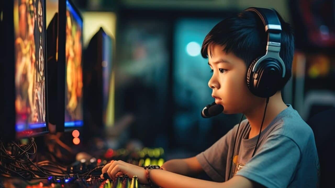 Criança jogando video game no desktop. O artigo relata sobre videogame na infância