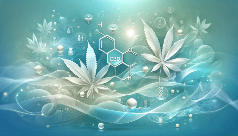 Canabidiol no tratamento da ansiedade, insônia e dor crônica 2 cannabidiol (CBD) no contexto da saúde. A cena possui um fundo sereno com tons de azul Tiffany e azul ciano, com detalhes em branco. À frente, há uma ilustração transparente e sutil da estrutura molecular do CBD. Ao redor da molécula, pequenos ícones delicados de folhas e símbolos médicos em tons de cinza, branco e toques de ouro, simbolizam a conexão entre o CBD e a saúde. Esta composição emana uma sensação de tranquilidade e essência terapêutica.