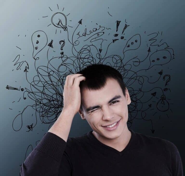 Transtorno do Déficit de Atenção (TDA) e o Uso de Medicamentos Estimulantes 4 Moço com ilustrações saindo do cérebro, representando uma hiperatividade cerebral - TDAH