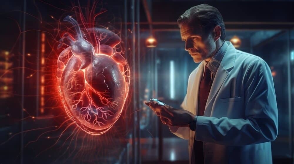 médico cardiologista ao lado de uma representação de um coração