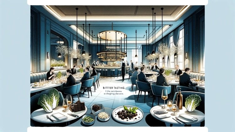 An illustration of a sophisticated gourmet restaurant with a focus on bitter tasting foods. The interior design is modern and elegant with a color pa