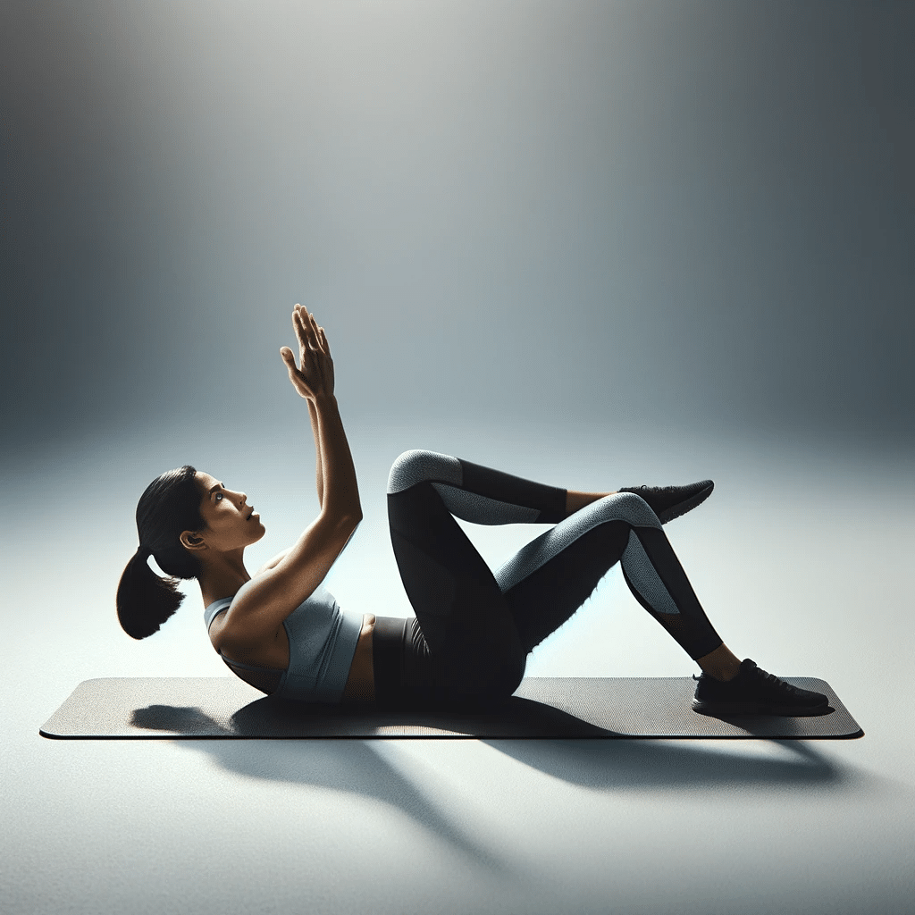 DALL·E 2023 12 10 21.14.19 An image of an individual lying on a yoga mat engaged in a floor exercise. They are in the middle of a bicycle crunch showing one elbow touching the
