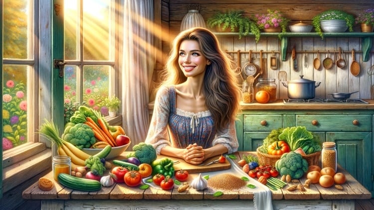 DALL·E 2023 12 11 15.22.49 A horizontal illustration of a beautiful young woman sitting at a rustic wooden table filled with vibrant and healthy foods like fruits vegetables a