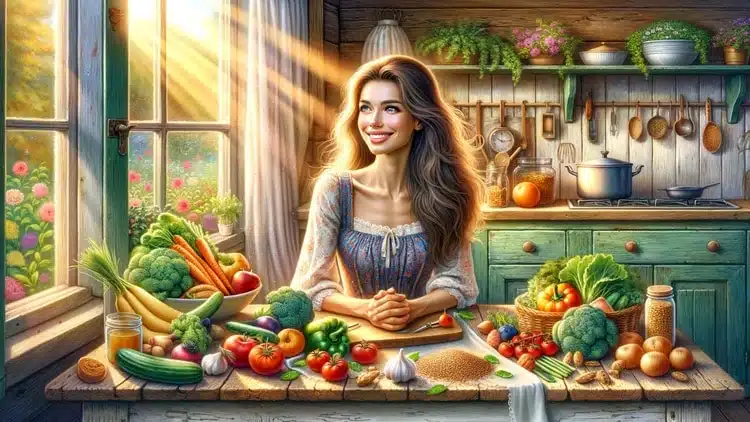 DALL·E 2023 12 11 15.22.49 A horizontal illustration of a beautiful young woman sitting at a rustic wooden table filled with vibrant and healthy foods like fruits vegetables a