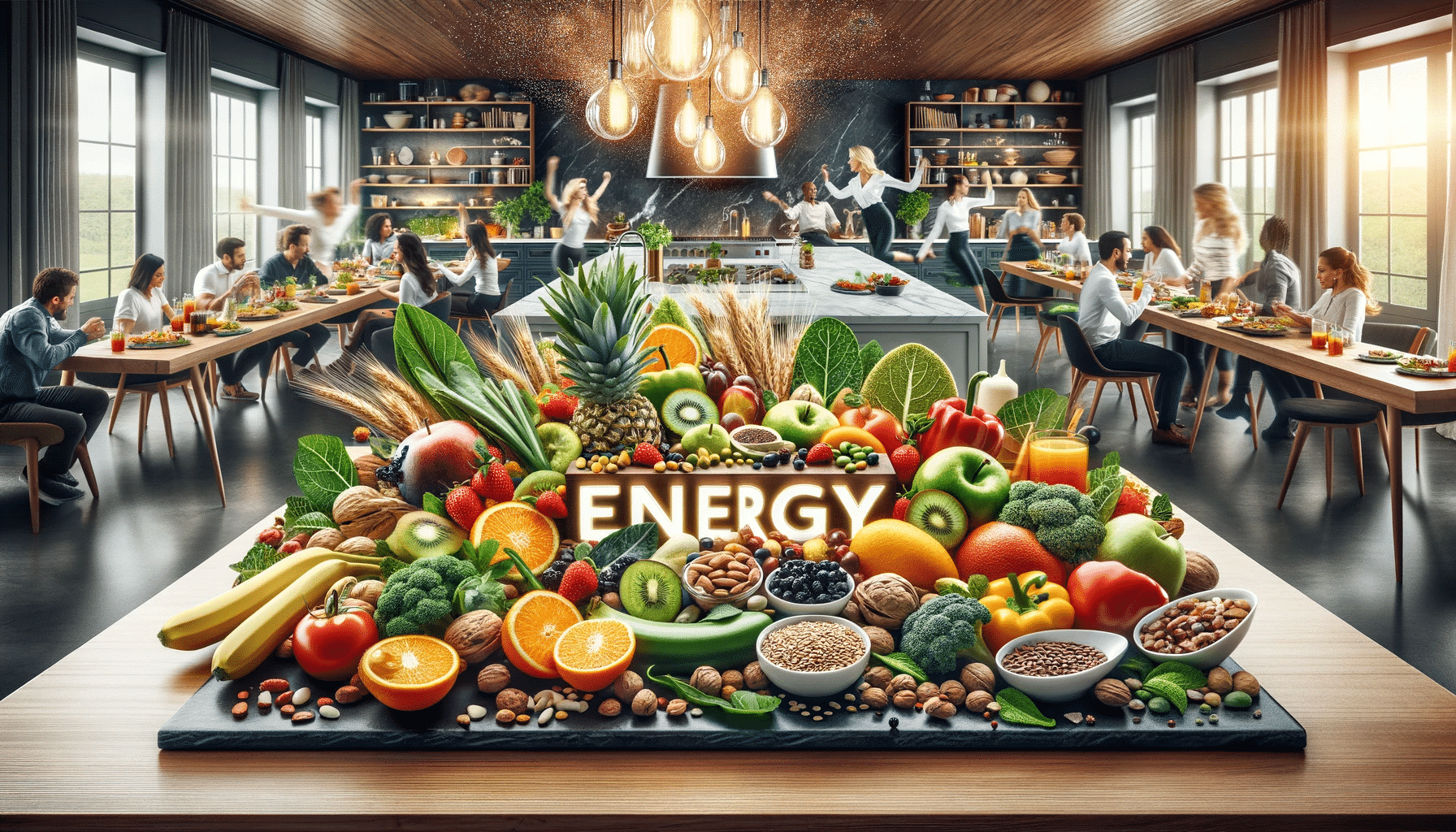 Horizontal image featuring an array of nutritious foods for energy set in a luxurious gourmet kitchen. The scene includes a variety of vibrant healt
