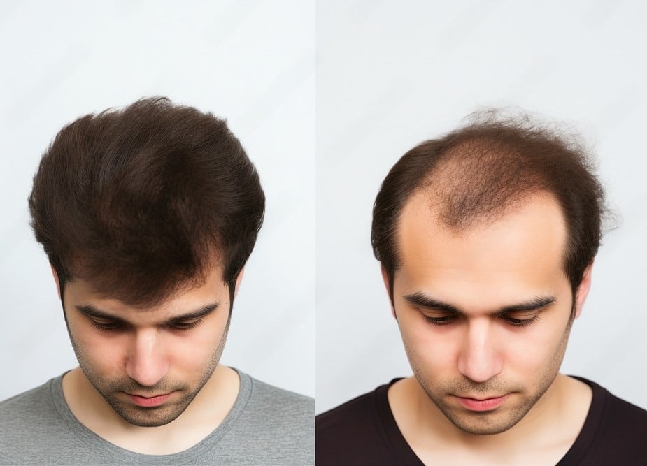 imagem comparando cabelos, sinalizando a queda pelo uso de testosterona