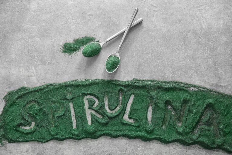 Spirulina: o que é e para que serve? 2 duas colheres cheias com spirulina em cima de uma bancada
