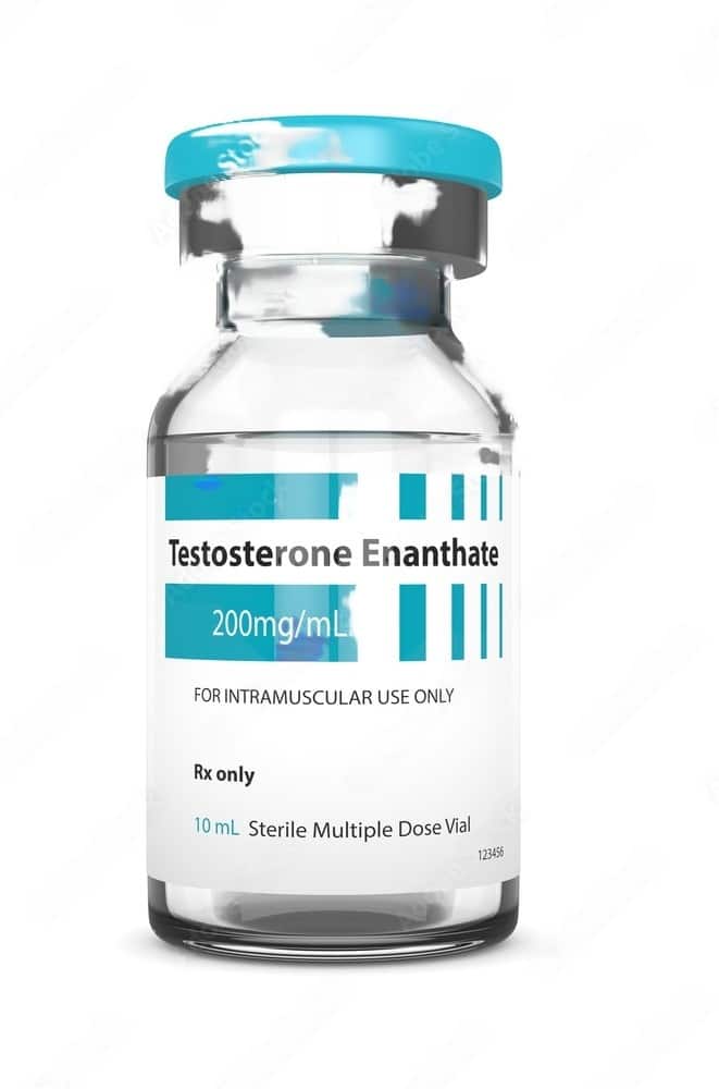 Ampola de Enantato de Testosterona contendo 200mg/ml, com rótulo claramente visível e líquido transparente no interior