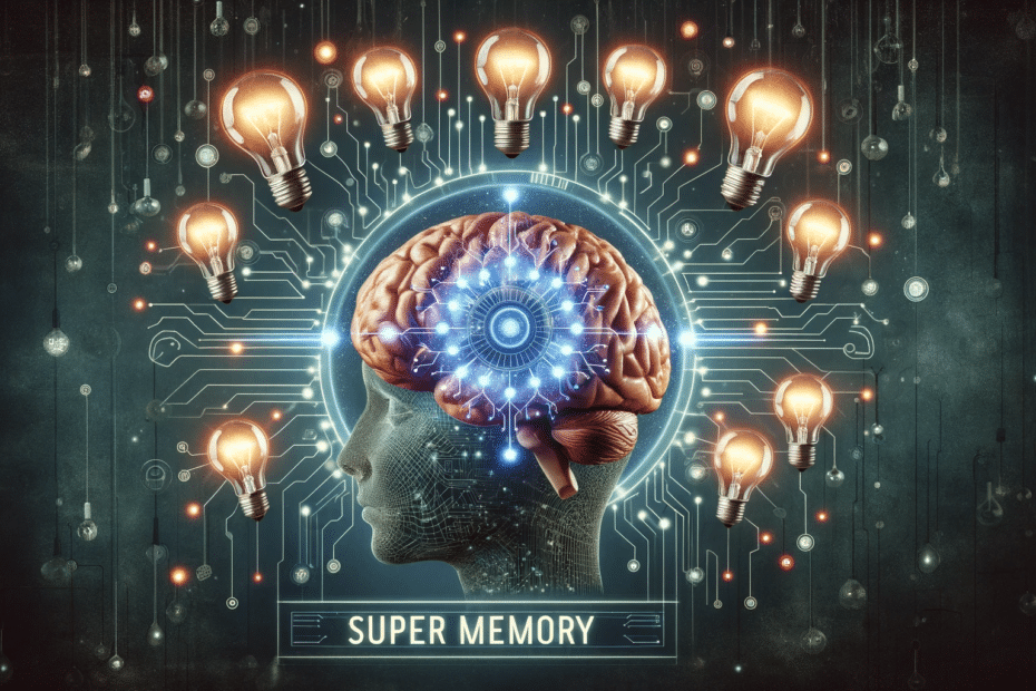 the concept of super memory featuring a human brain surrounded by light bulbs and digital connections