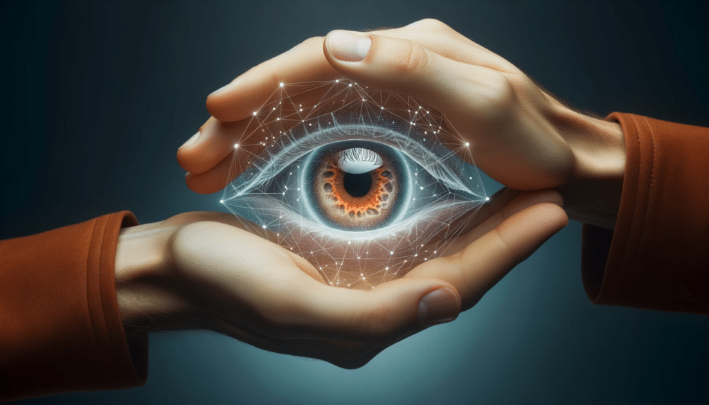 2023 10 14 10.41.53 Foto profissional e criativa de maos segurando uma representacao transparente de um olho humano com areas iluminadas simbolizando a saude dos olhos