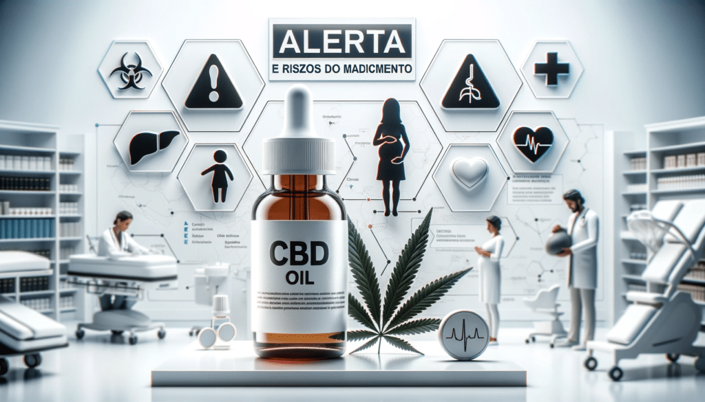 2023 10 14 12.54.13 Wide photo of a medical setting with a pristine white background. In the foreground theres a transparent CBD oil bottle. Surrounding it are caution