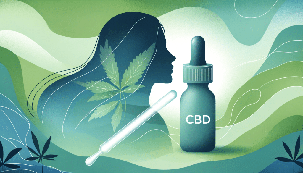 2023 10 14 12.55.40 Illustration showcasing a close up of a CBD oil dropper with a silhouette of a woman in the background symbolizing the use of CBD in women. The image