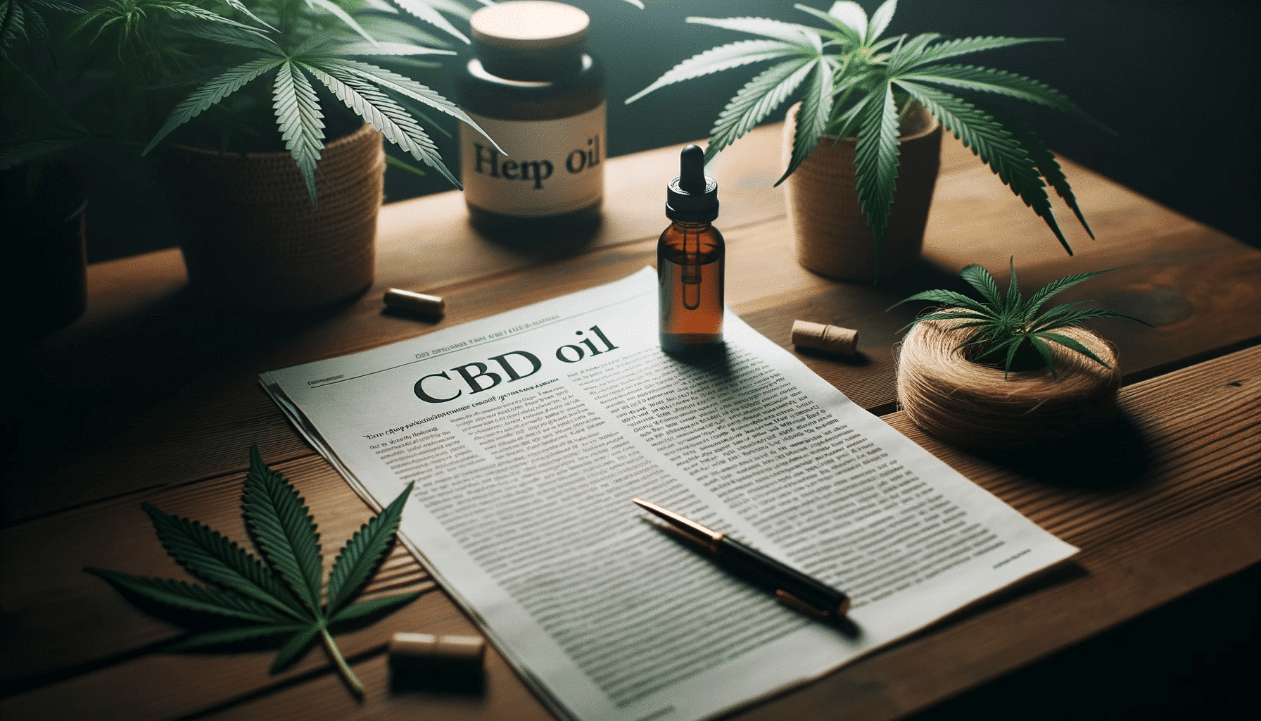 Photo of a printed article with the provided text, placed on a wooden table next to a CBD oil bottle and a hemp plant. The scene is lit by soft lighting, creating a focused and contemplative mood.