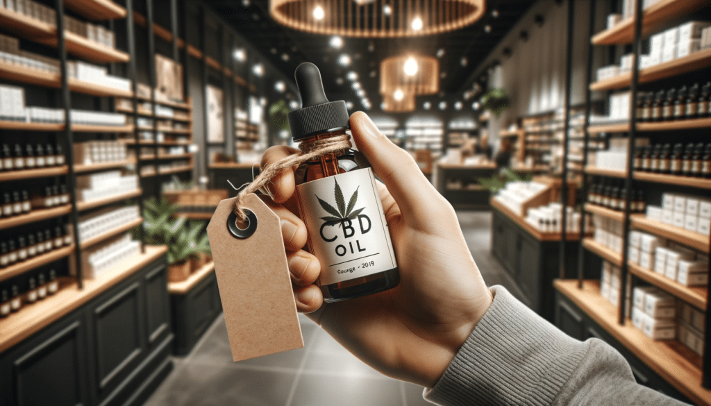 2023 10 14 13.09.18 Photo of a hand holding a CBD oil bottle with a blurred background of a store interior. A price tag hangs from the bottle and a seal of authenticity