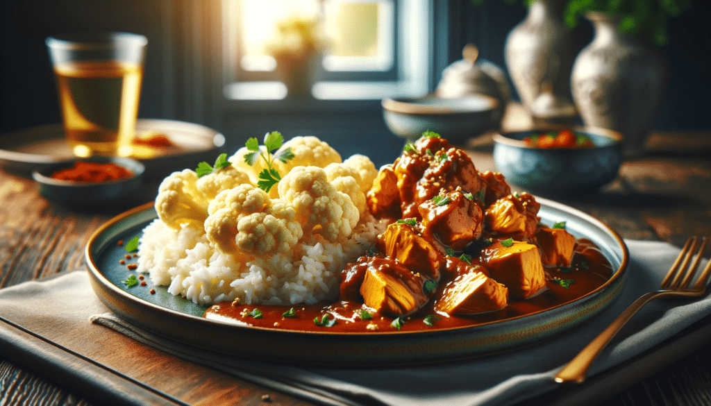 "Frango ao Curry com Arroz de Couve-flor", servido gourmet em um restaurante durante o almoço. A apresentação do prato é elegante e artística, em um ambiente convidativo e iluminado, ressaltando a experiência gastronômica de alta qualidade.
