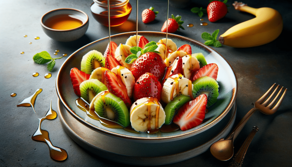 Imagem horizontal gourmet de uma salada de frutas com mel, apresentando morangos, kiwis e bananas arranjados artisticamente e regados com mel, em um prato elegante, destacando as cores vivas e texturas ricas das frutas.