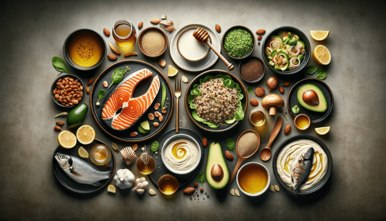 Almoço Saudável: O Que Comer de Segunda a Domingo 5 Aqui está a imagem horizontal com uma seleção de pratos saudáveis em destaque e de tamanho grande, incluindo "Salmão Grelhado", "Mel", "Quinoa", "Strogonoff Light", "Abacate" e "Peixe". Cada prato é apresentado de forma artística e gourmet, com ênfase no tamanho e nos detalhes.