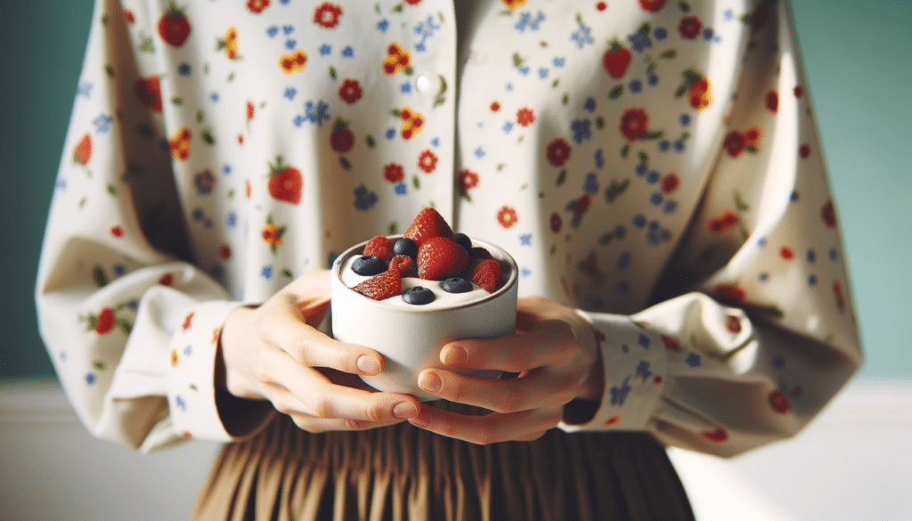 Imagem horizontal mostrando o tronco de uma mulher vestida casualmente, segurando uma tigela de iogurte natural coberto com frutas vermelhas como morangos, framboesas e mirtilos, em um fundo simples e limpo, destacando as cores vibrantes das frutas contra o iogurte branco cremoso.