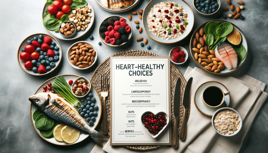 Ambiente de restaurante com diversos pratos cardiosaudáveis, como peixe grelhado, nozes, aveia, frutas vermelhas e espinafre. O menu na mesa destaca Heart-Healthy Choices.