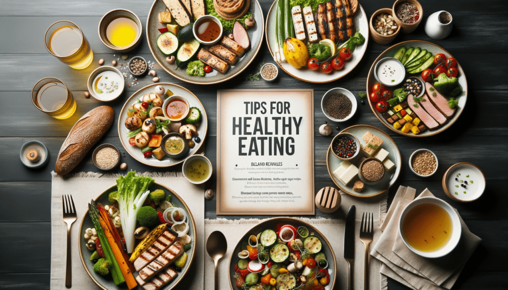 Ambiente de restaurante com pratos balanceados, como vegetais grelhados, proteínas magras e grãos integrais. O menu na mesa destaca Tips for Healthy Eating.