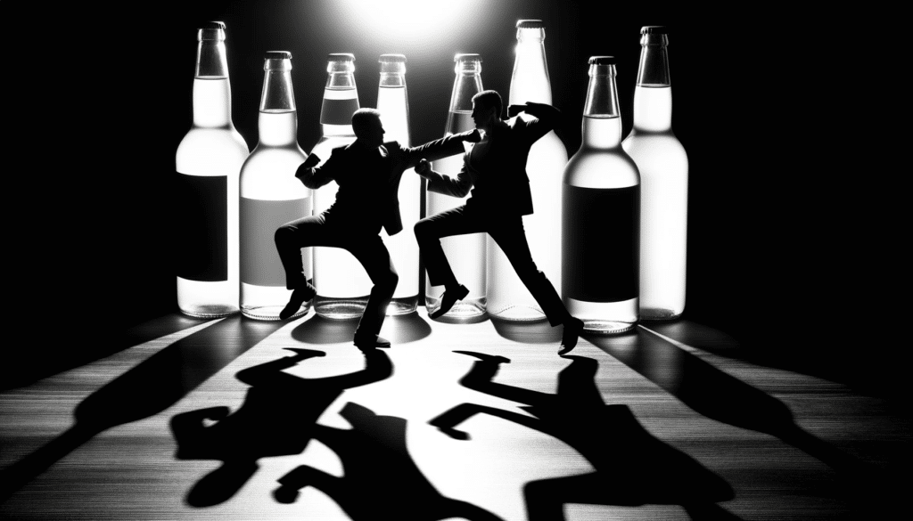lack and white photo of two shadows engaged in a physical fight, throwing punches and kicks, with bottles of alcohol in the background.