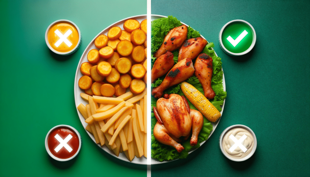 Comparação entre alimentos fritos e assados com um sinal de alerta em ciano sobre os fritos e um tom saudável de verde para os assados, sobre um fundo em tons de gilbratar sea