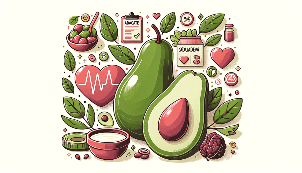 Ilustração de abacate com ícones de saúde e pergaminho de receitas grátis