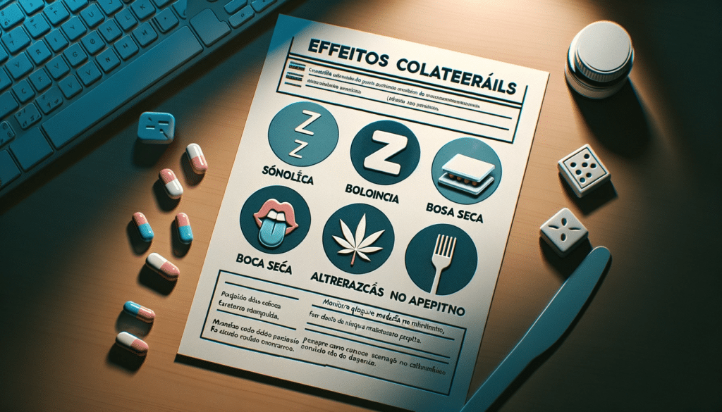 Wide illustration of a medical report on a desk, spotlighted from above. The paper is titled 'Efeitos Colaterais do Canabidiol'. Listed below are icons representing side effects: a zzz symbol for 'sonolência', a parched tongue for 'boca seca', and a fork & knife with a small portion for 'alterações no apetite'. A note at the bottom reminds: 'Monitore qualquer mudança ao iniciar o tratamento.' The colors are muted with dominant blues and grays.