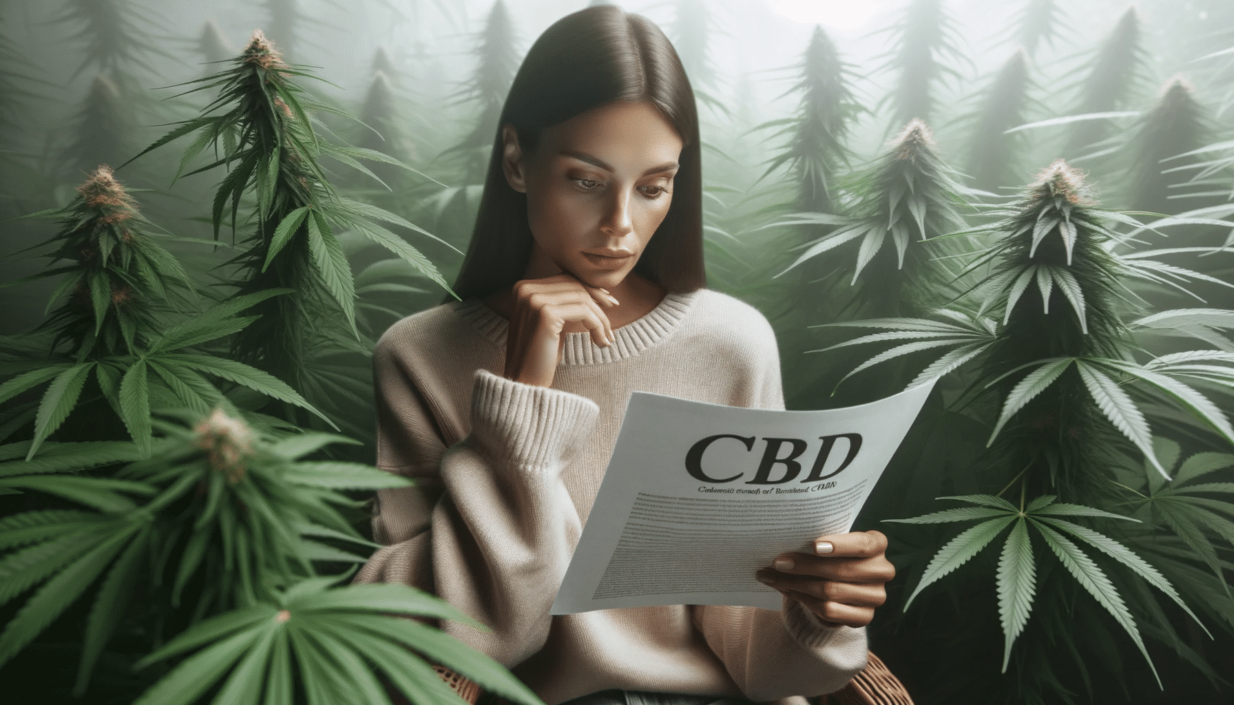 DALL·E 2023 10 14 12.56.18 Photo depicting a woman reading a research paper or pamphlet about CBD with a backdrop of hemp plants. The scene focuses on her contemplative