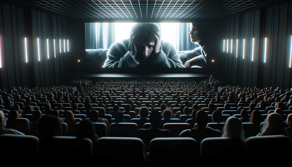 Digital-render-of-a-cinema-hall-where-the-screen-displays-a-poignant-scene-of-a-protagonist-grappling-with-anxiety.-The-audience-is-engrossed-illumin.