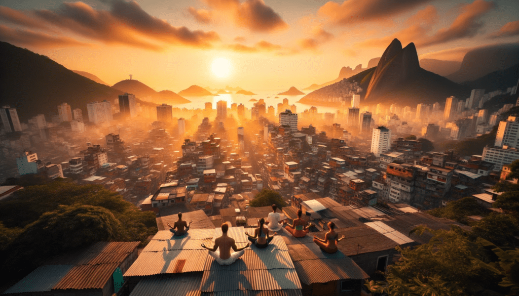 DALL·E 2023 10 14 14.26.47 Photo of Rio de Janeiro bathed in the warm light of the setting sun showcasing its famous skyline. On the foreground favela rooftop individuals are