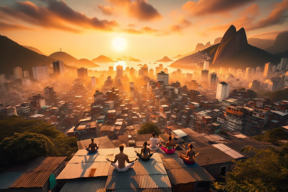 Photo-of-Rio-de-Janeiro-bathed-in-the-warm-light-of-the-setting-sun-showcasing-its-famous-skyline.-On-the-foreground-favela-rooftop-individuals-are