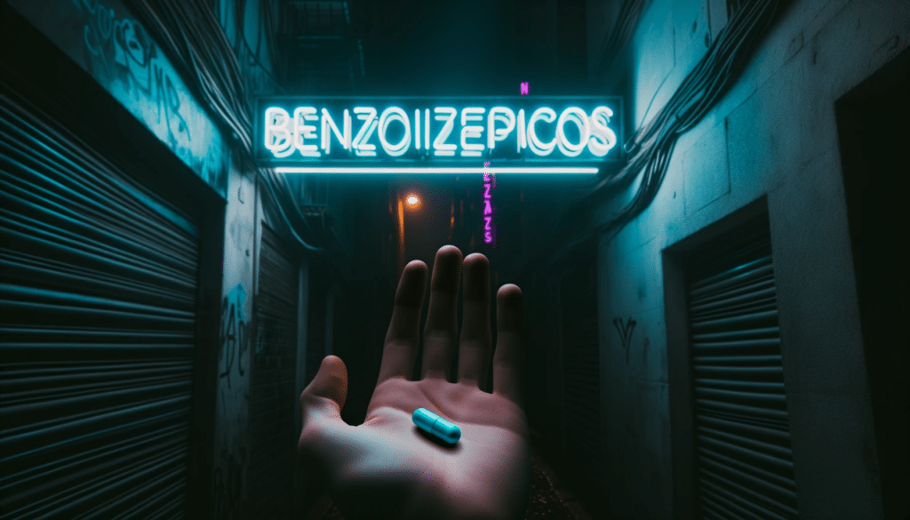DALL·E 2023 10 14 15.10.09 Photo of a dark alleyway where a neon sign reads Benzodiazepinicos. Beneath the sign an open hand offers a pill symbolizing the allure and potenti