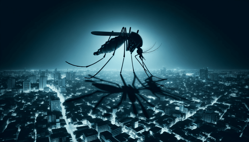 DALL·E 2023 10 15 16.08.05 Dark cyan toned wide image illustrating a mosquito casting a large shadow over a city symbolizing the threat of the dengue virus. The buildings and l