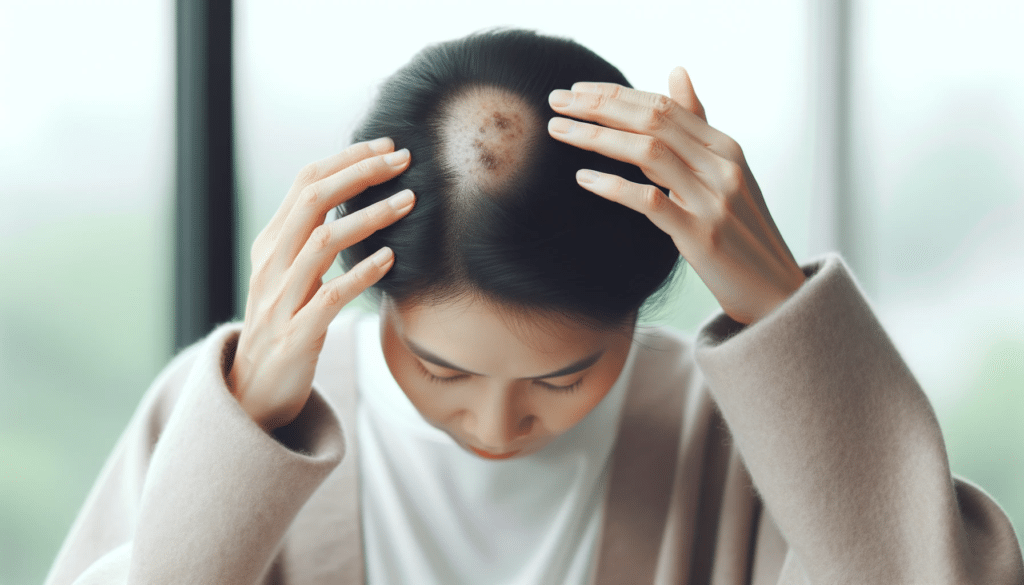 DALL·E 2023 10 15 16.19.50 Photo of a woman examining her hair in a brightly lit room. She reveals a few circular bald patches on her head representing the onset of Alopecia Ar