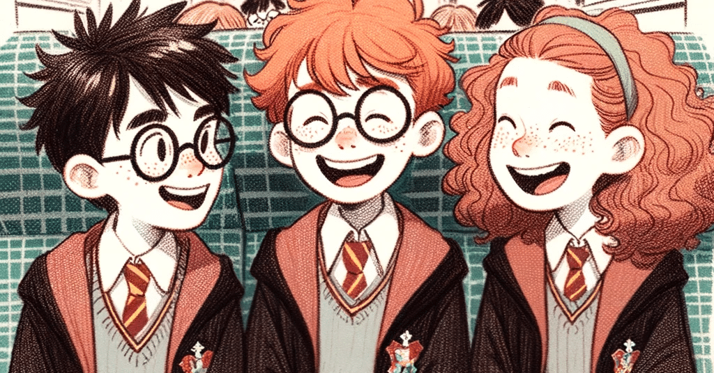 Drawing of a young boy with glasses, a red-haired boy, and a girl with bushy hair, all in Hogwarts robes, laughing and chatting together on a train