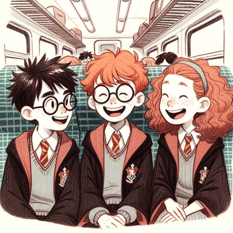Harry Potter para Pequenos: Uma Aventura Ilustrada e Encantadora para Crianças 2 Drawing of a young boy with glasses, a red-haired boy, and a girl with bushy hair, all in Hogwarts robes, laughing and chatting together on a train