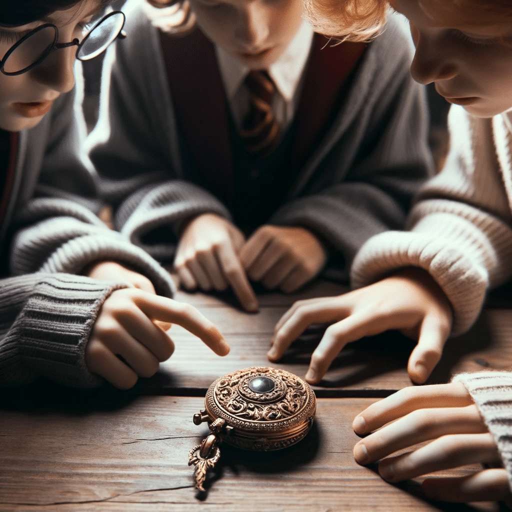 Photo of a small, ornate golden locket on a wooden table, with three young wizards examining it closely, realizing its significance
