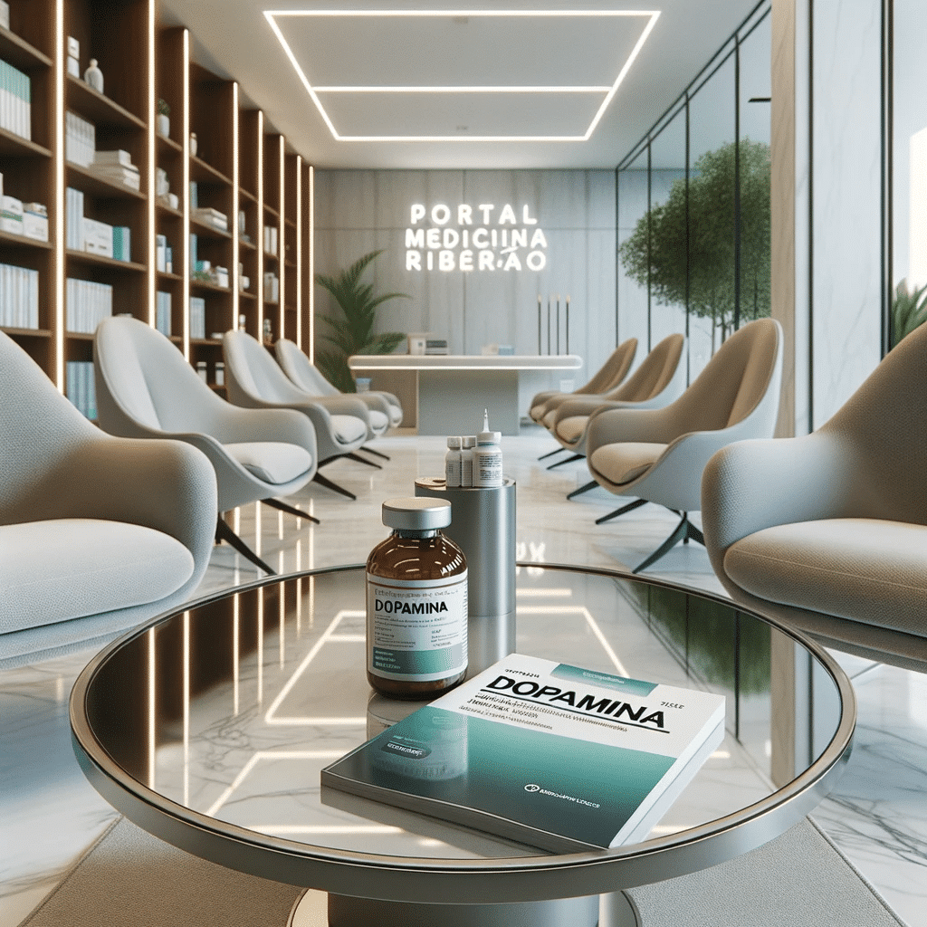 DALL·E 2023 10 15 21.17.54 Photo of a refined health clinics waiting space with a serene ambiance. The main attraction is a glass table showcasing a brochure named Dopamina a