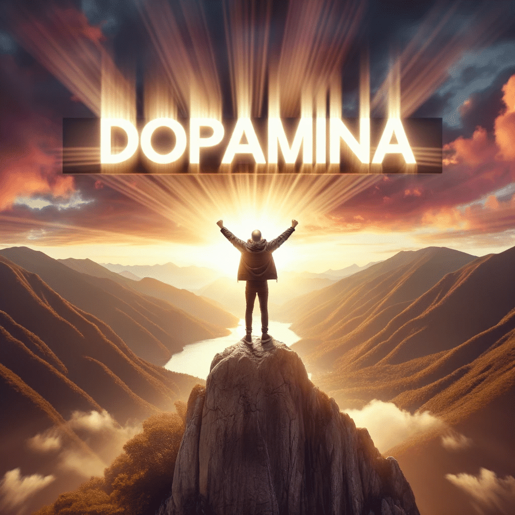 Photo of a person standing on top of a mountain, arms raised in triumph, with the word 'Dopamina' glowing in the sky above. The background showcases a sunrise, symbolizing a burst of motivation and energy.