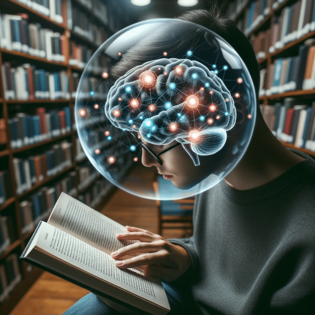Photo of a person deeply engrossed in reading a book in a peaceful library setting. Above their head, there's a transparent bubble showing a brain with 'Dopamina' particles circulating, highlighting areas associated with memory and attention.