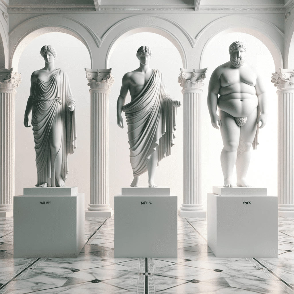 DALL·E 2023 10 17 16.07.34 Photo of a sophisticated museum setting showcasing three Greek statues of varying weights ages and heights symbolizing the spectrum of human forms