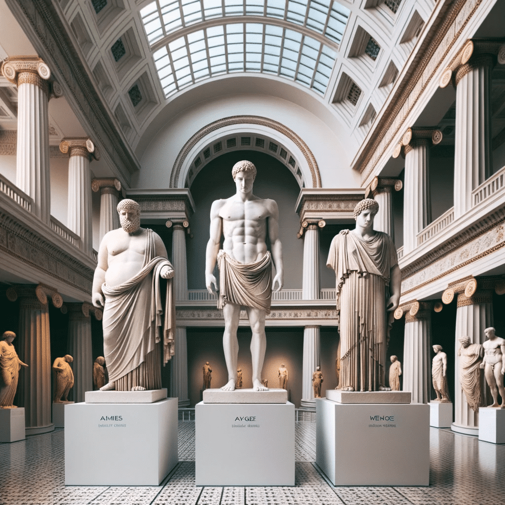 DALL·E 2023 10 17 16.07.36 Photo of a grand museum interior displaying three Greek statues each unique in weight age and height emphasizing the diversity of human form and