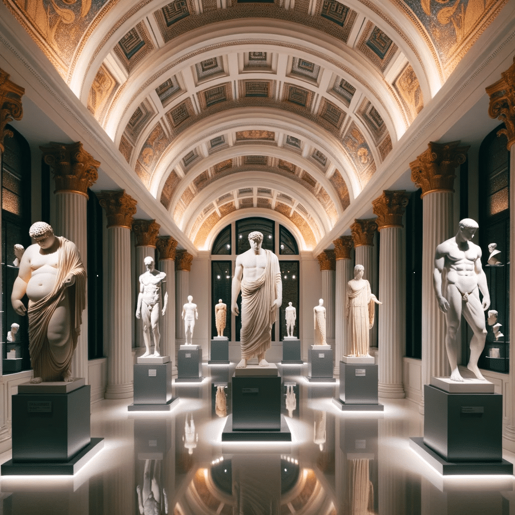 DALL·E 2023 10 17 16.07.37 Photo of an elegant museum gallery adorned with three Greek statues of different weights ages and sizes all bathed in ambient lighting representi